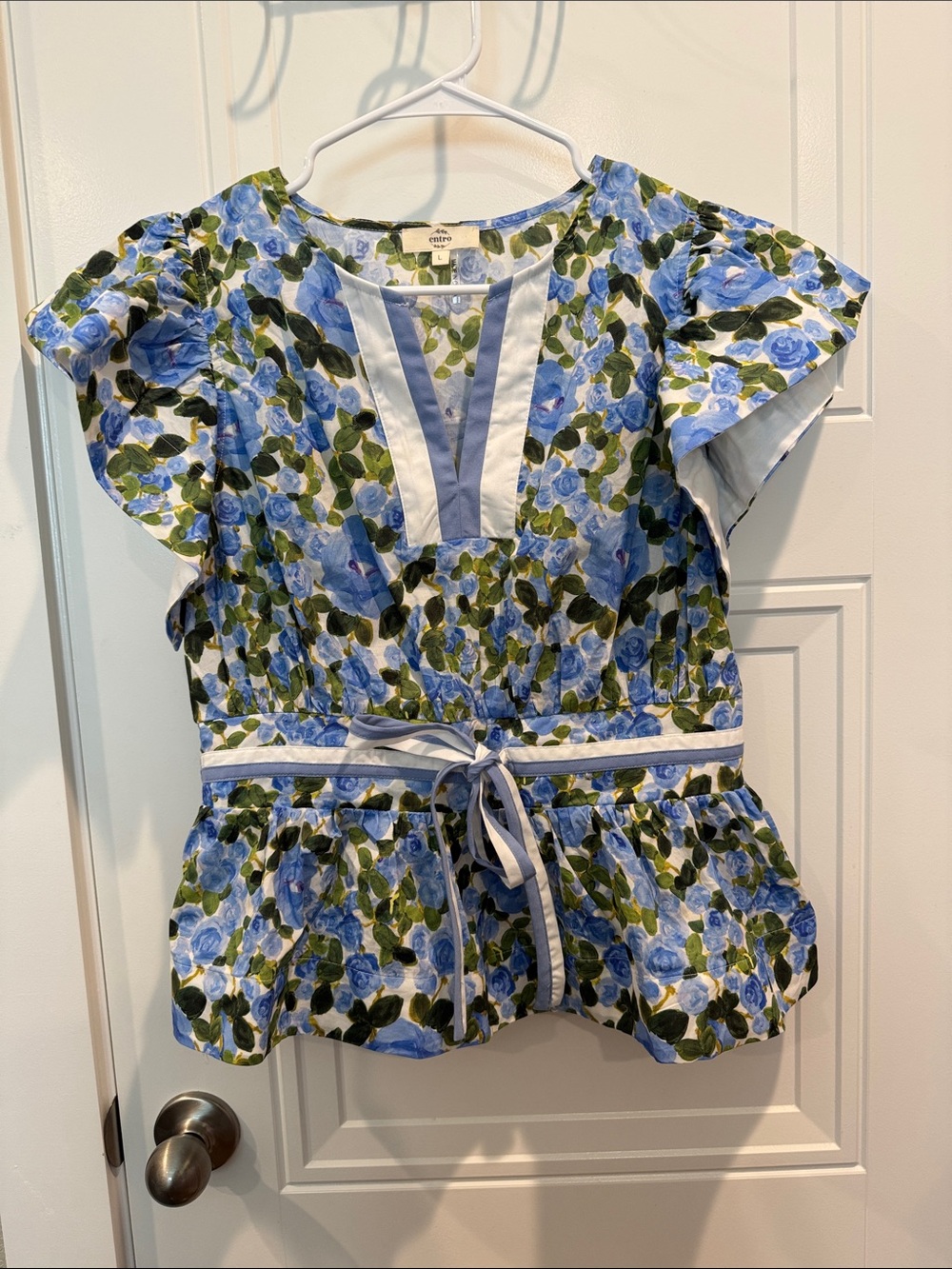 entro Blue Floral Tie-Waist Peplum Tunic